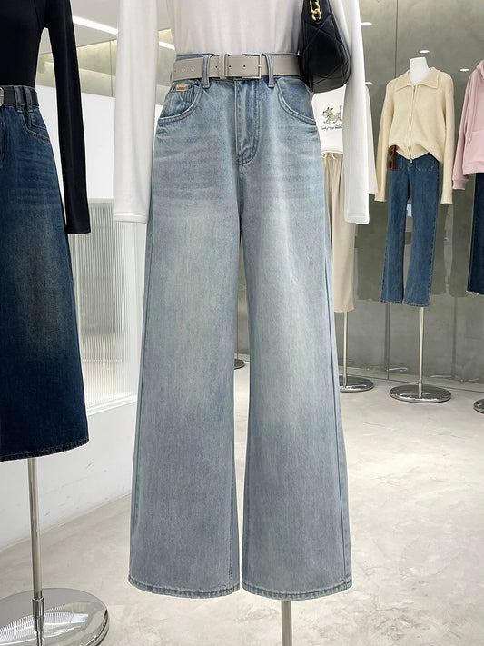 Korean style washed light blue loose straight jeans 2025 new style all-match slim trousers popular hot pants