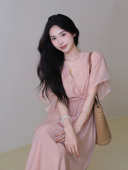 TYANG Eryang Design [Lan Xi] National Style New Chinese Style French V-neck Pink Temperament Waist Dress Women Summer