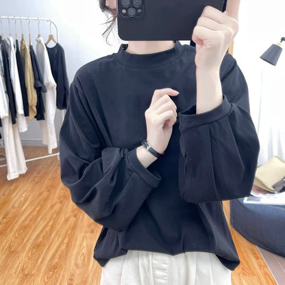 Autumn and winter boutique thickened half-high collar lantern sleeve long-sleeved T-shirt women 2023 Korean loose top T-shirt sweatshirt