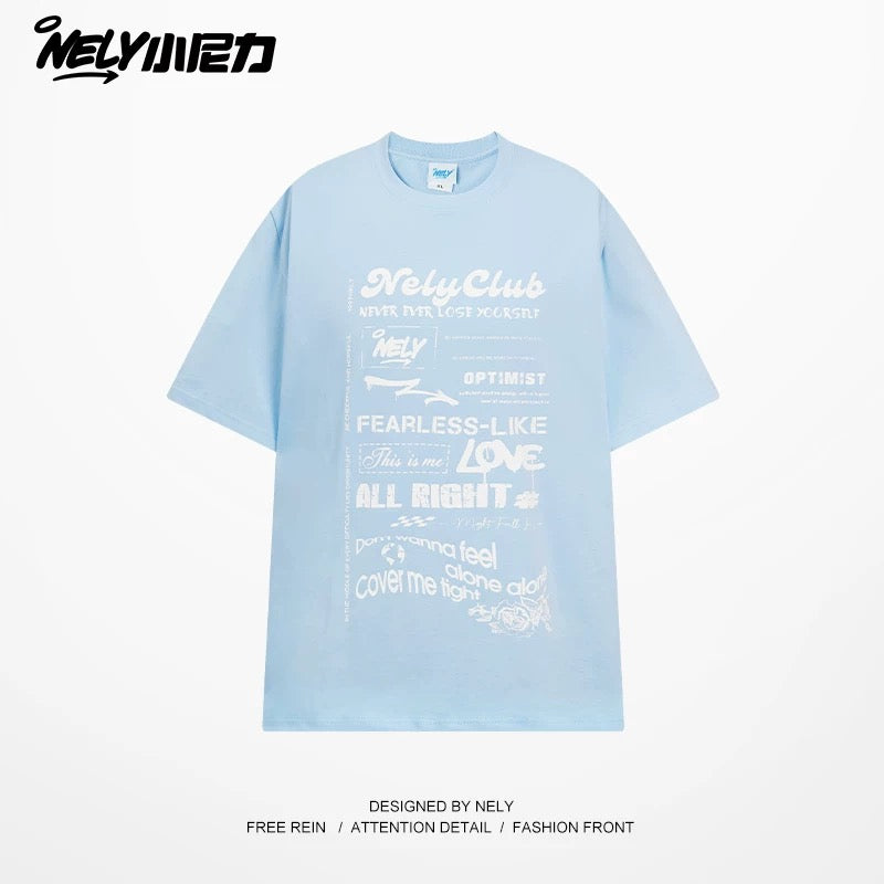 Nely Xiao Nili summer high-end minimalist fuzzy print pure cotton short-sleeved loose American retro couple T-shirt