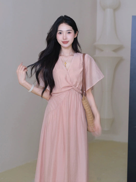 TYANG Eryang Design [Lan Xi] National Style New Chinese Style French V-neck Pink Temperament Waist Dress Women Summer