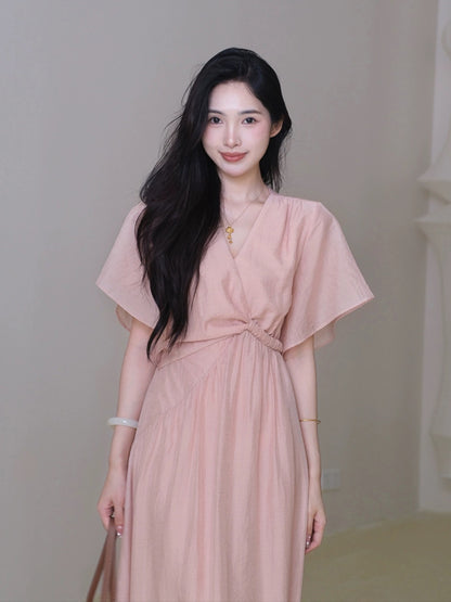 TYANG Eryang Design [Lan Xi] National Style New Chinese Style French V-neck Pink Temperament Waist Dress Women Summer