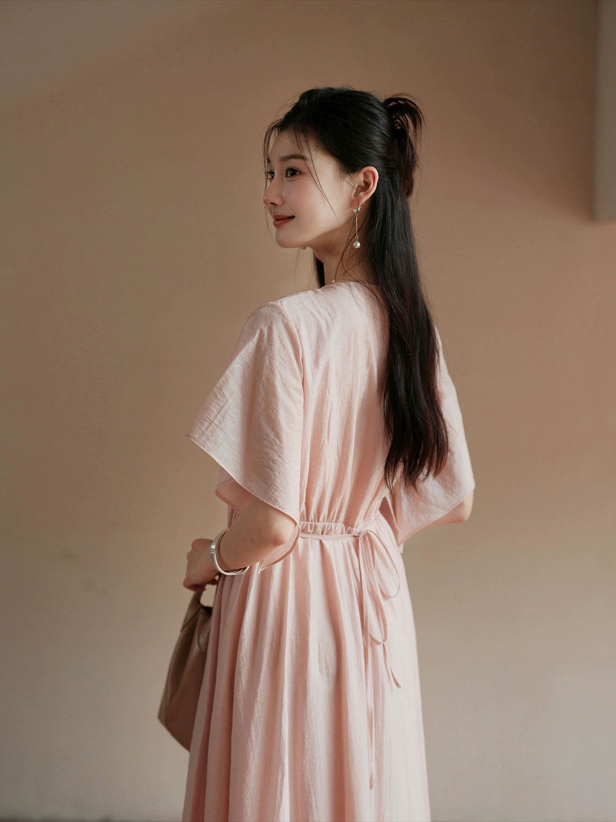 TYANG Eryang Design [Lan Xi] National Style New Chinese Style French V-neck Pink Temperament Waist Dress Women Summer