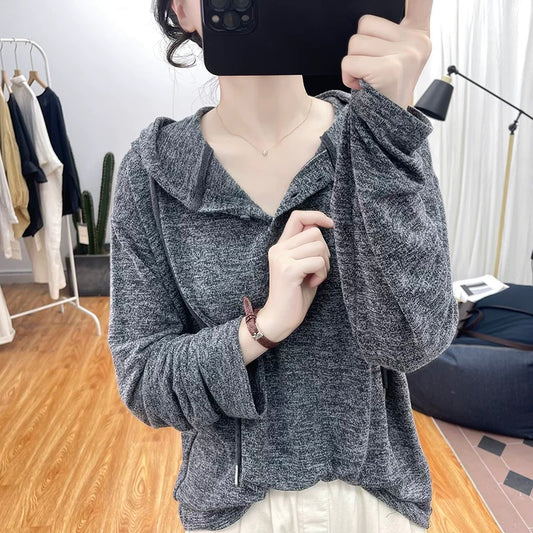 Autumn thin hooded loose sweatshirt women's long-sleeved T-shirt pullover top 2024 new Hong Kong style retro hoodie