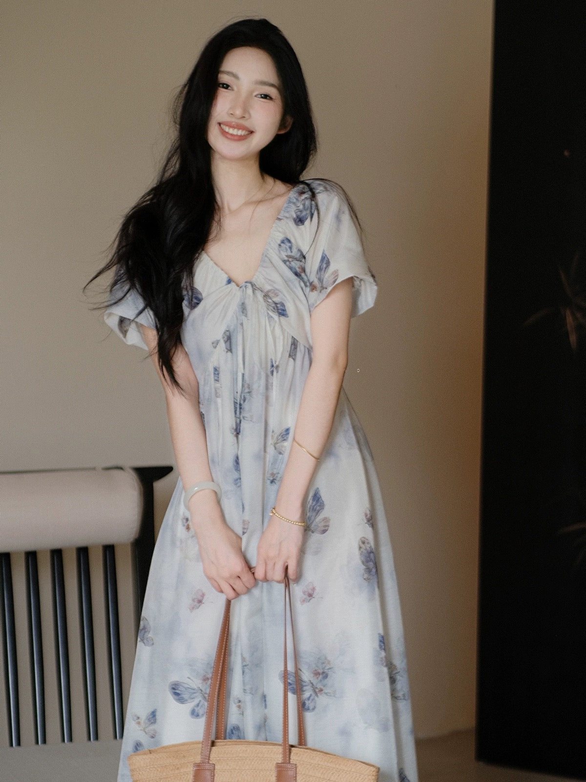 [Ready Stock] Eryang Design [Butterfly Painting] National Style New Chinese Style Waist V-Neck Butterfly Dress for Women Summer