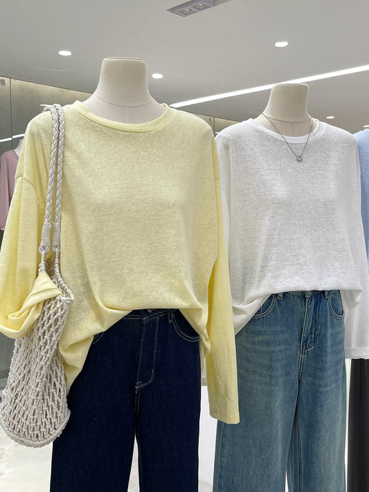 All members keep it for themselves! Spring and summer sun protection thin long-sleeved mask T-shirt solid color loose slimming versatile top