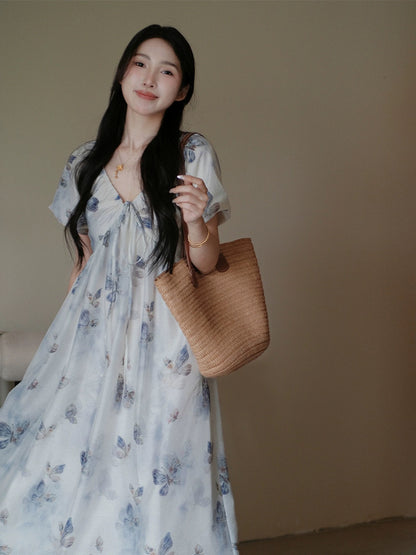 [Ready Stock] Eryang Design [Butterfly Painting] National Style New Chinese Style Waist V-Neck Butterfly Dress for Women Summer