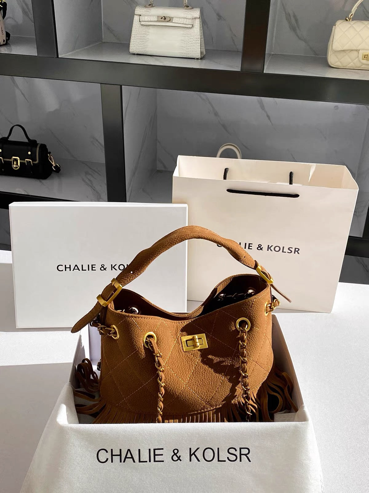 CHALIE&KOLSR Women's Vintage Faux Suede Tote – Summer 2026 New Arrival: Sophisticated Tassel & Chain Bag