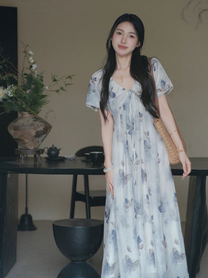 [Ready Stock] Eryang Design [Butterfly Painting] National Style New Chinese Style Waist V-Neck Butterfly Dress for Women Summer