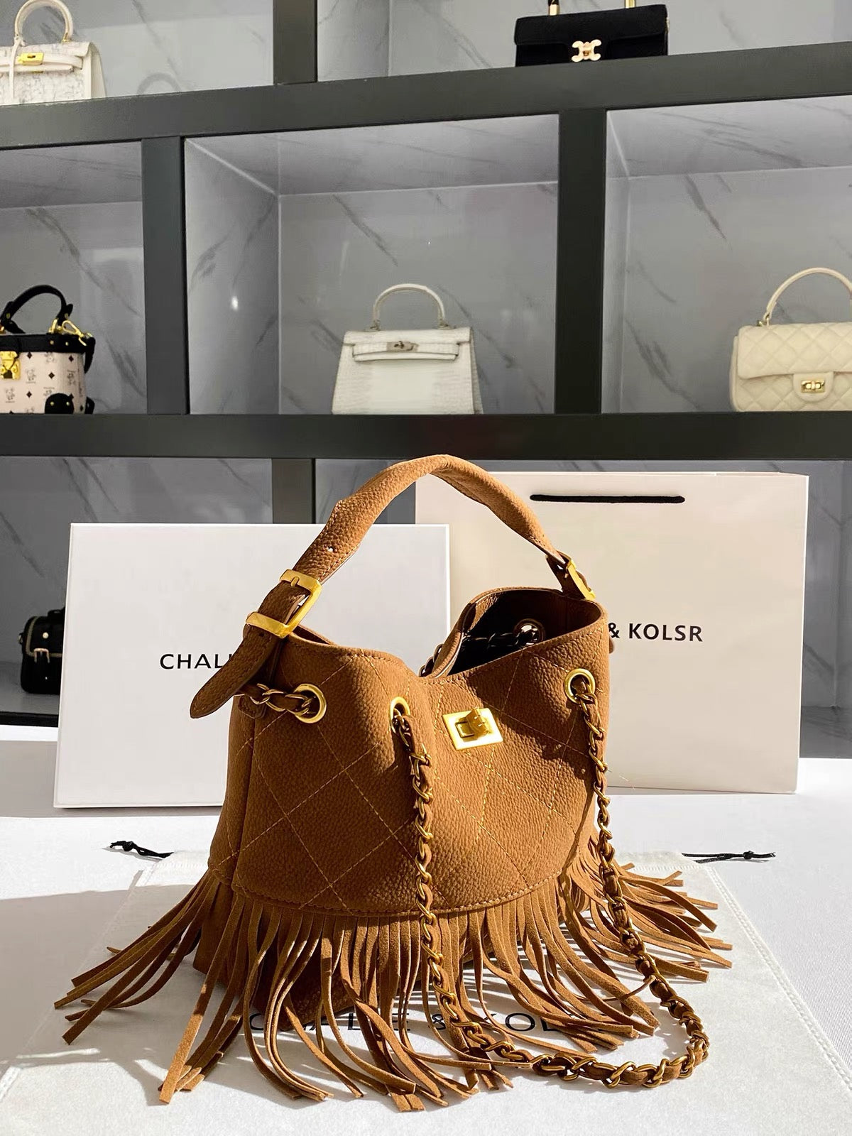 CHALIE&KOLSR Women's Vintage Faux Suede Tote – Summer 2026 New Arrival: Sophisticated Tassel & Chain Bag