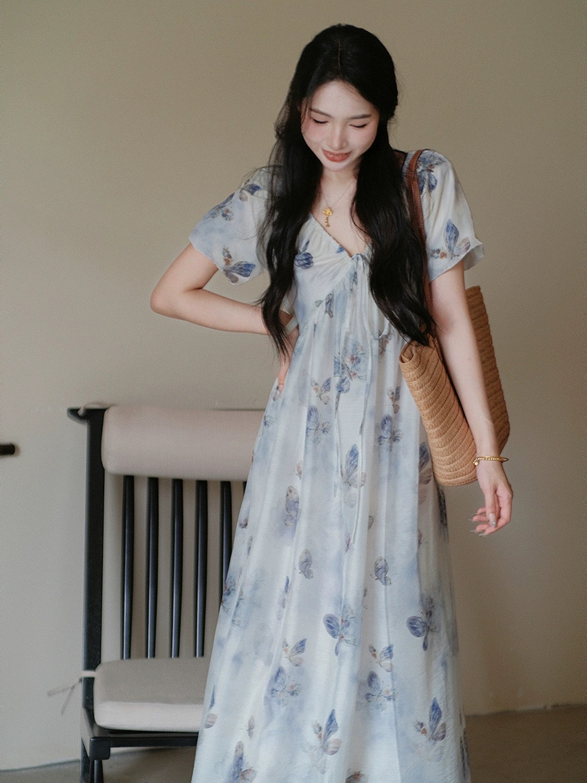 [Ready Stock] Eryang Design [Butterfly Painting] National Style New Chinese Style Waist V-Neck Butterfly Dress for Women Summer