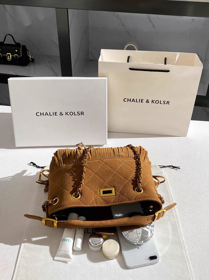 CHALIE&KOLSR Women's Vintage Faux Suede Tote – Summer 2026 New Arrival: Sophisticated Tassel & Chain Bag