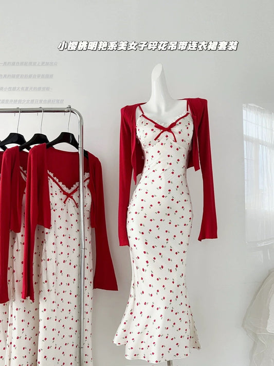 Youni's self-made 3.22 new product Southern French cherry printed satin bias-cut long suspender skirt suit