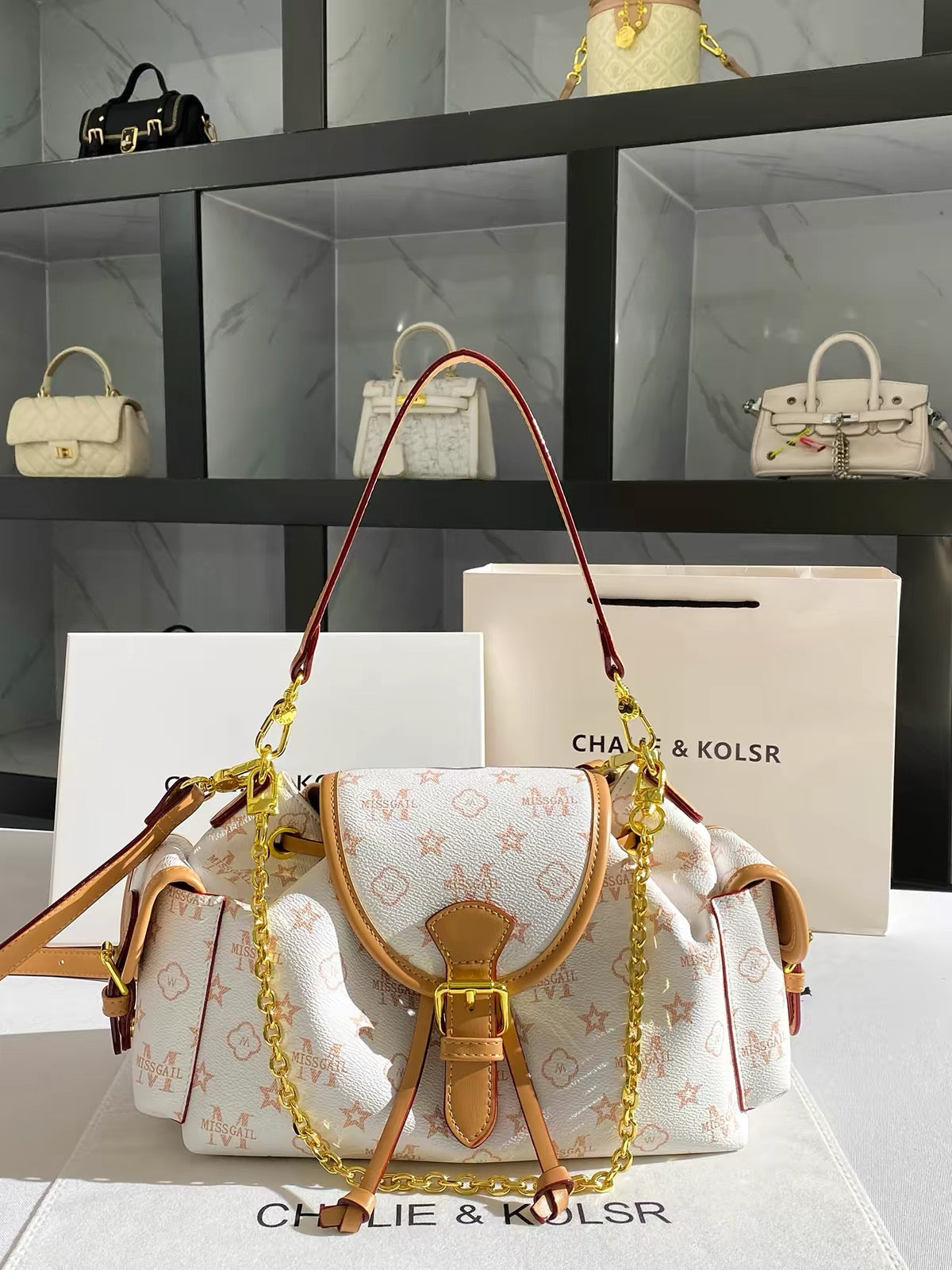 CHALIE&KOLSR Vintage Monogram Drawstring Tote – Summer 2026 New Premium Chain Underarm Bag