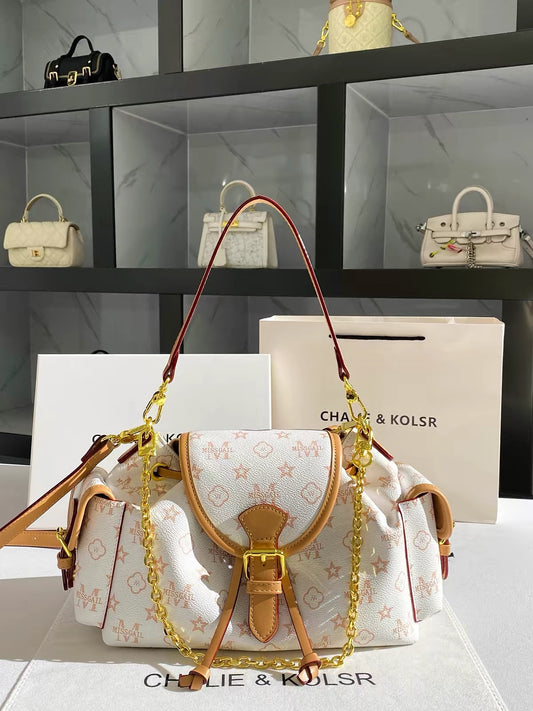 CHALIE&KOLSR Vintage Monogram Drawstring Tote – Summer 2026 New Premium Chain Underarm Bag