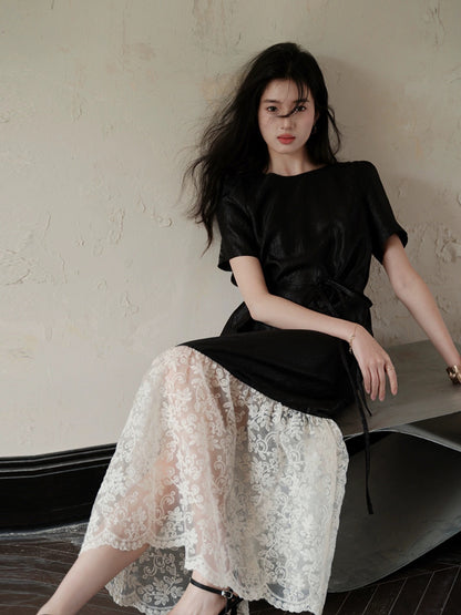 TYANG [Luowei] National style new Chinese style acetic acid elegant temperament splicing short-sleeved black dress for women