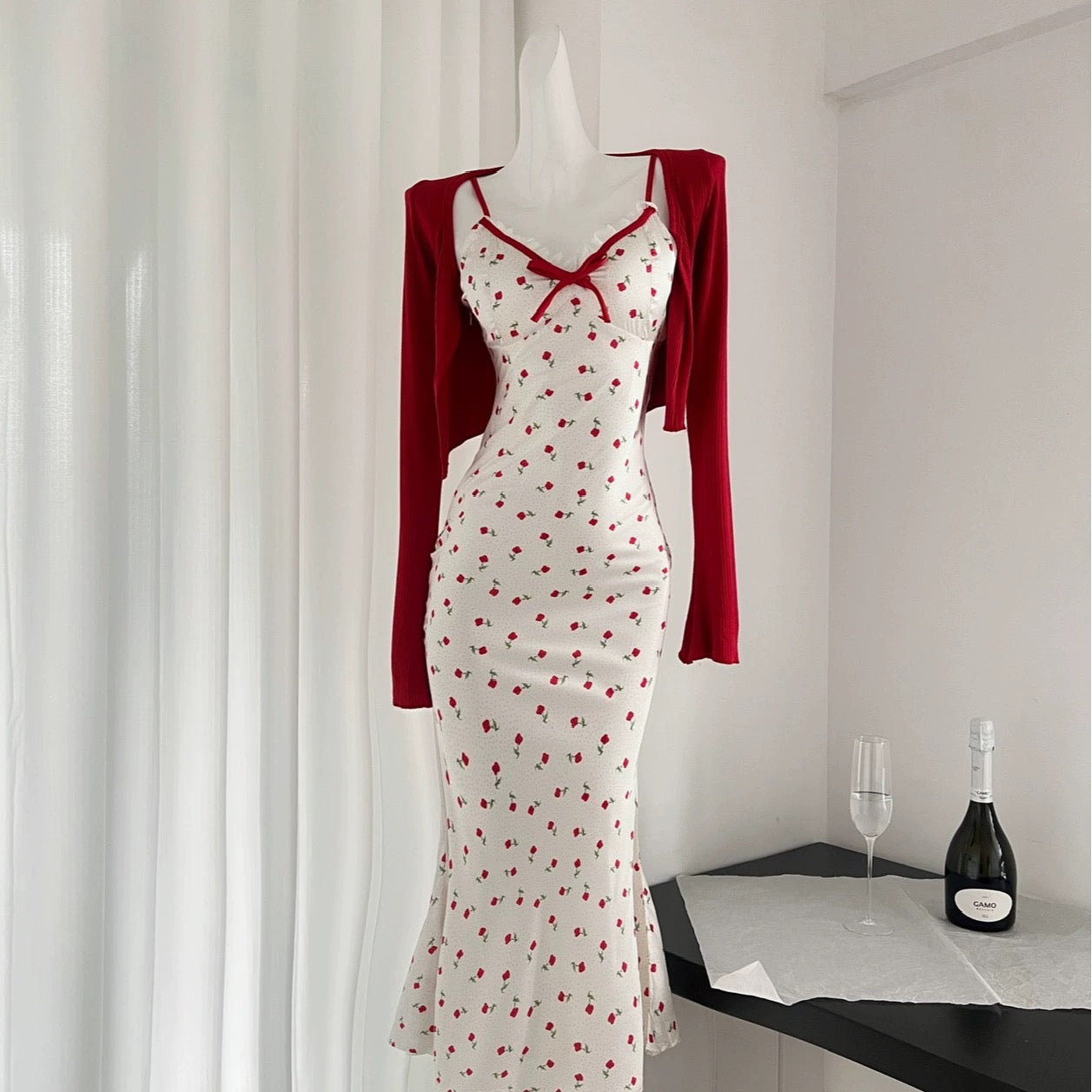 Youni's self-made 3.22 new product Southern French cherry printed satin bias-cut long suspender skirt suit