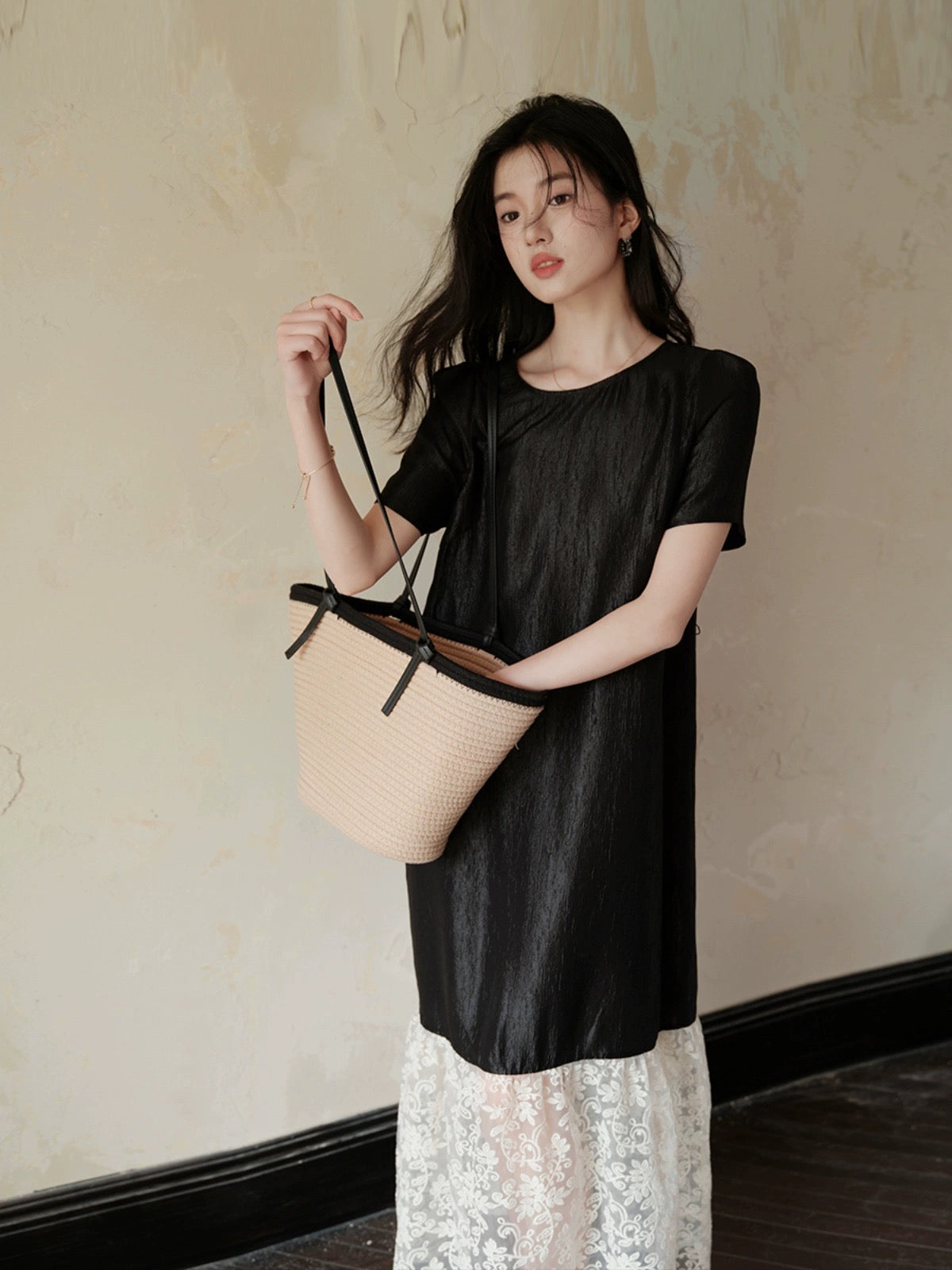 TYANG [Luowei] National style new Chinese style acetic acid elegant temperament splicing short-sleeved black dress for women