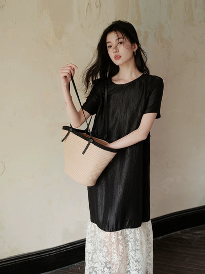 TYANG [Luowei] National style new Chinese style acetic acid elegant temperament splicing short-sleeved black dress for women
