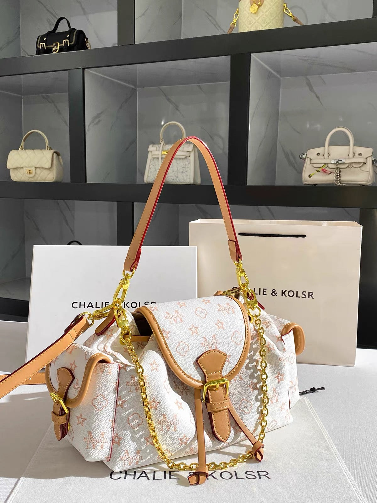 CHALIE&KOLSR Vintage Monogram Drawstring Tote – Summer 2026 New Premium Chain Underarm Bag