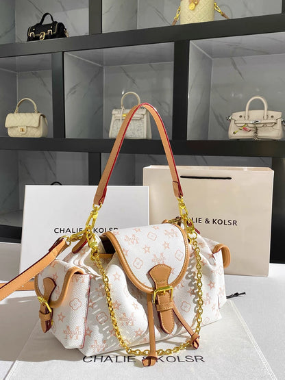 CHALIE&KOLSR Vintage Monogram Drawstring Tote – Summer 2026 New Premium Chain Underarm Bag