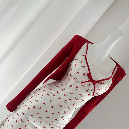 Youni's self-made 3.22 new product Southern French cherry printed satin bias-cut long suspender skirt suit