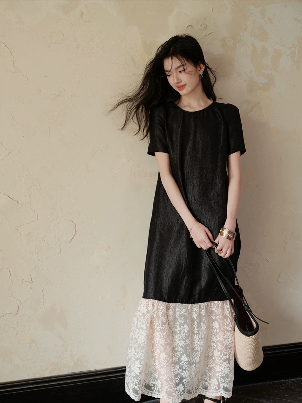 TYANG [Luowei] National style new Chinese style acetic acid elegant temperament splicing short-sleeved black dress for women