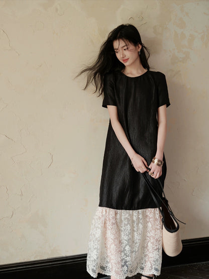 TYANG [Luowei] National style new Chinese style acetic acid elegant temperament splicing short-sleeved black dress for women