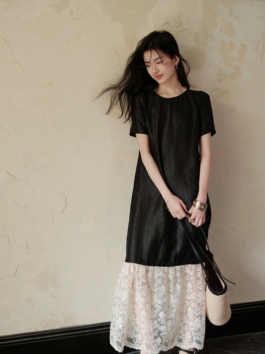 TYANG [Luowei] National style new Chinese style acetic acid elegant temperament splicing short-sleeved black dress for women