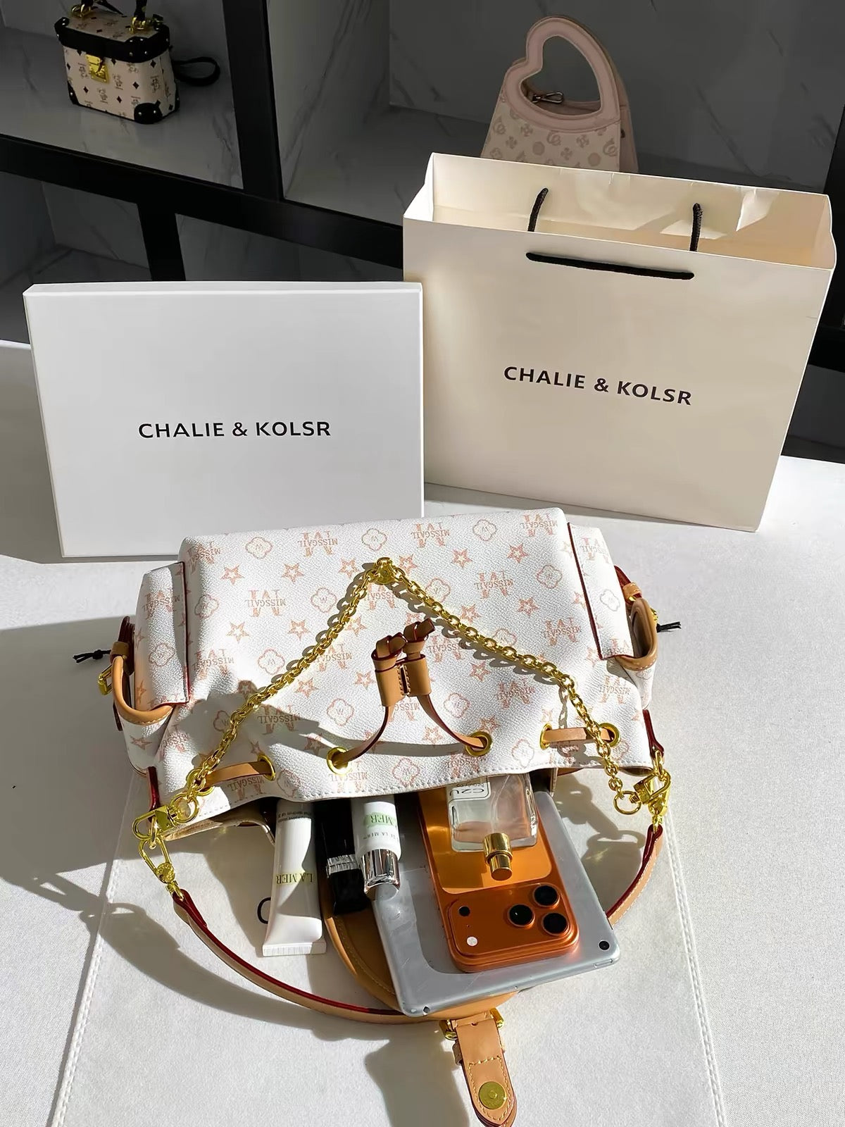 CHALIE&KOLSR Vintage Monogram Drawstring Tote – Summer 2026 New Premium Chain Underarm Bag