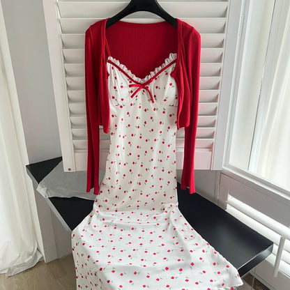 Youni's self-made 3.22 new product Southern French cherry printed satin bias-cut long suspender skirt suit