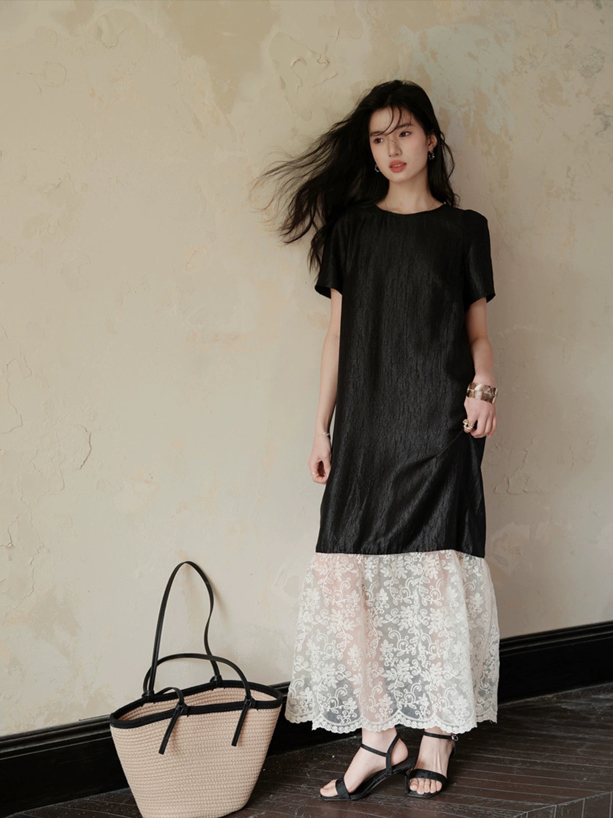 TYANG [Luowei] National style new Chinese style acetic acid elegant temperament splicing short-sleeved black dress for women