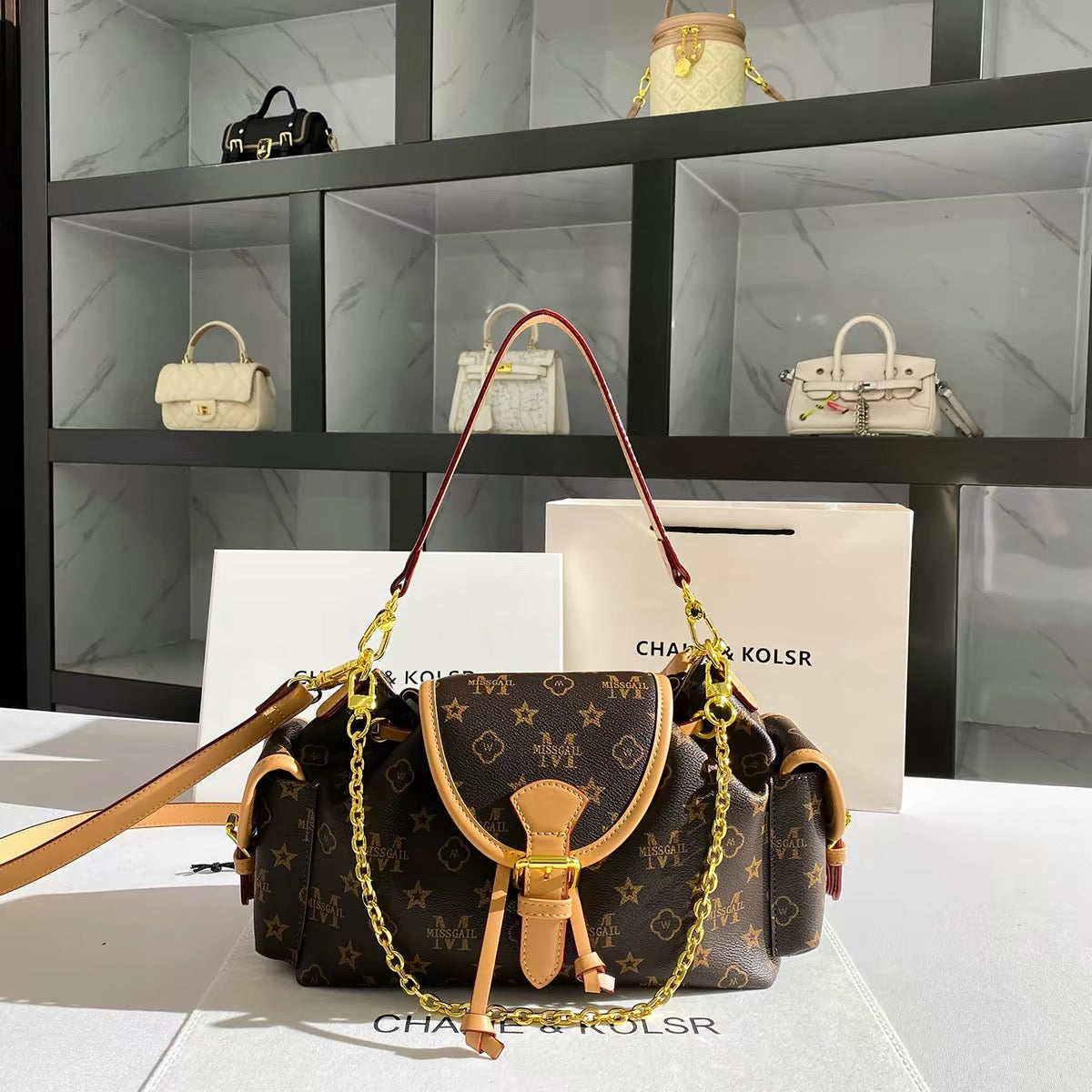 CHALIE&KOLSR Vintage Monogram Drawstring Tote – Summer 2026 New Premium Chain Underarm Bag