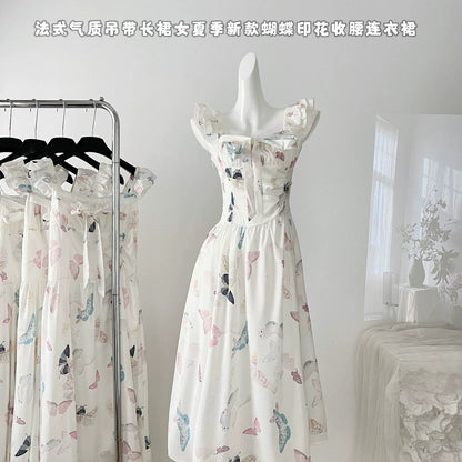 Youni Watercolor White Gardenia/French Temperament Suspender Long Skirt Women's Summer New Butterfly Print Waist Dress