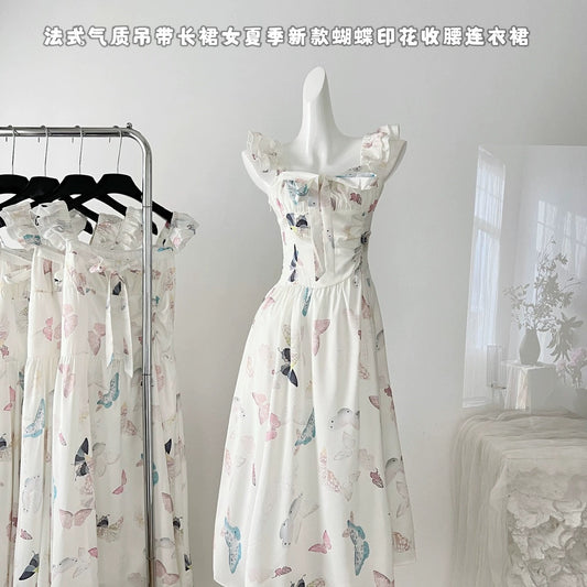 Youni Watercolor White Gardenia/French Temperament Suspender Long Skirt Women's Summer New Butterfly Print Waist Dress