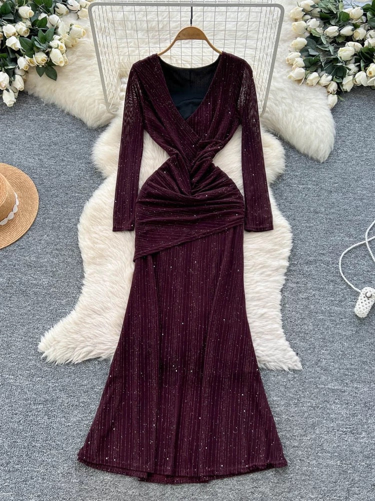 French goddess style sexy crossover V-neck long sleeve pleated waist dress 2025 autumn slim fit mature lady long dress