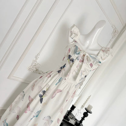 Youni Watercolor White Gardenia/French Temperament Suspender Long Skirt Women's Summer New Butterfly Print Waist Dress