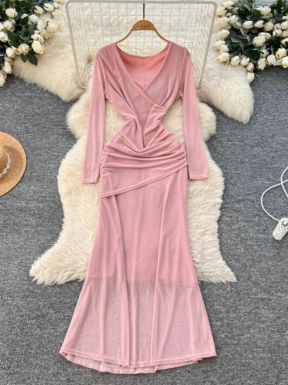 French goddess style sexy crossover V-neck long sleeve pleated waist dress 2025 autumn slim fit mature lady long dress