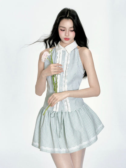 fragileheart fragile store · summer lime mint green plaid sweet sleeveless shirt puffy skirt suit