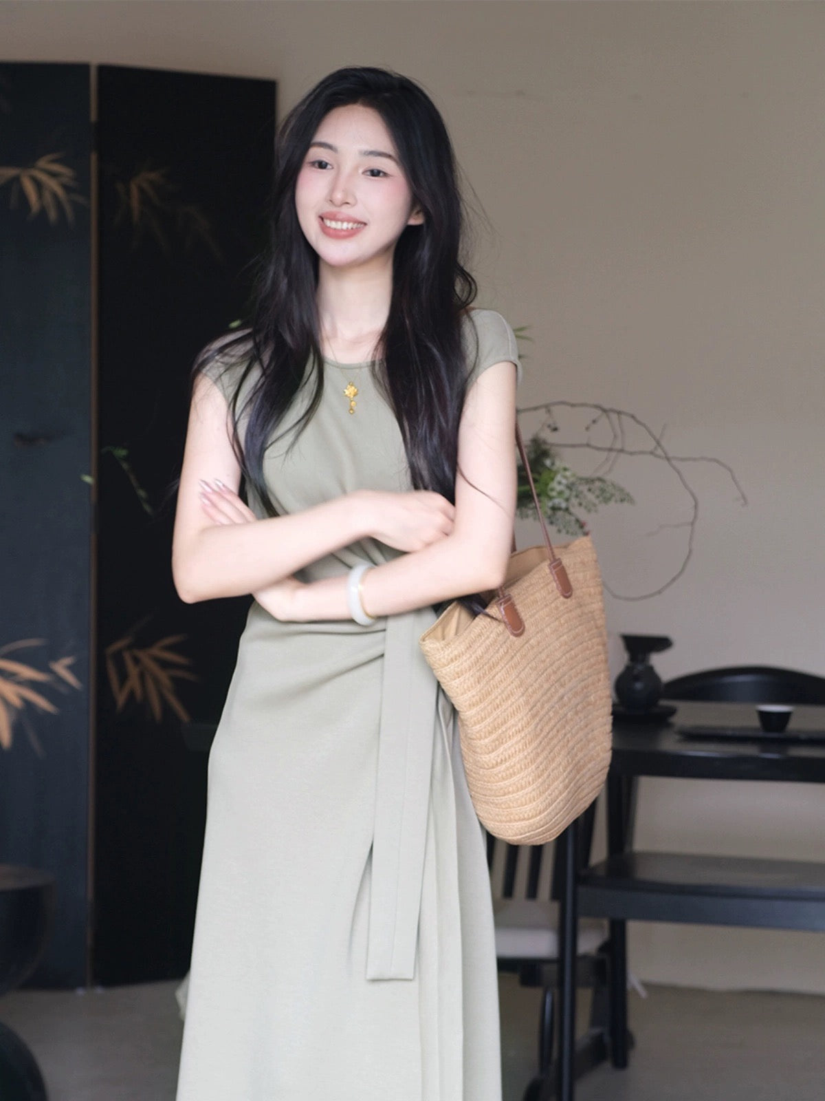 TYANG [Biluo] Chinese style new Chinese style twist waist strap design dress for women 2024 summer