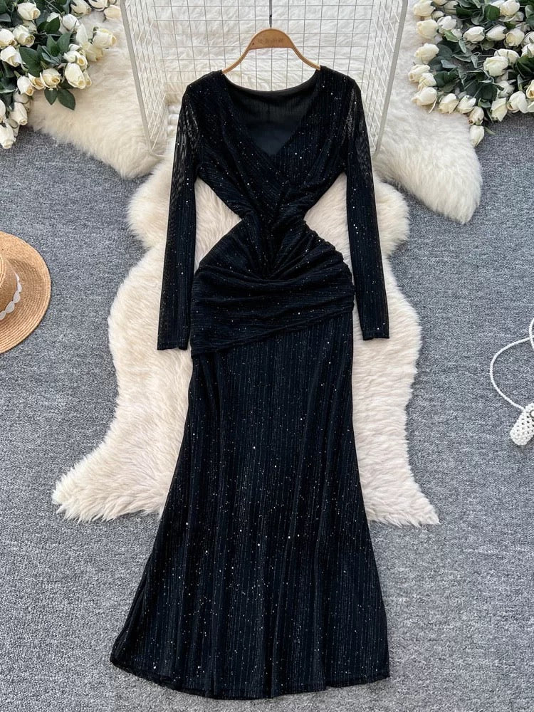 French goddess style sexy crossover V-neck long sleeve pleated waist dress 2025 autumn slim fit mature lady long dress