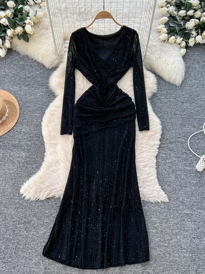 French goddess style sexy crossover V-neck long sleeve pleated waist dress 2025 autumn slim fit mature lady long dress