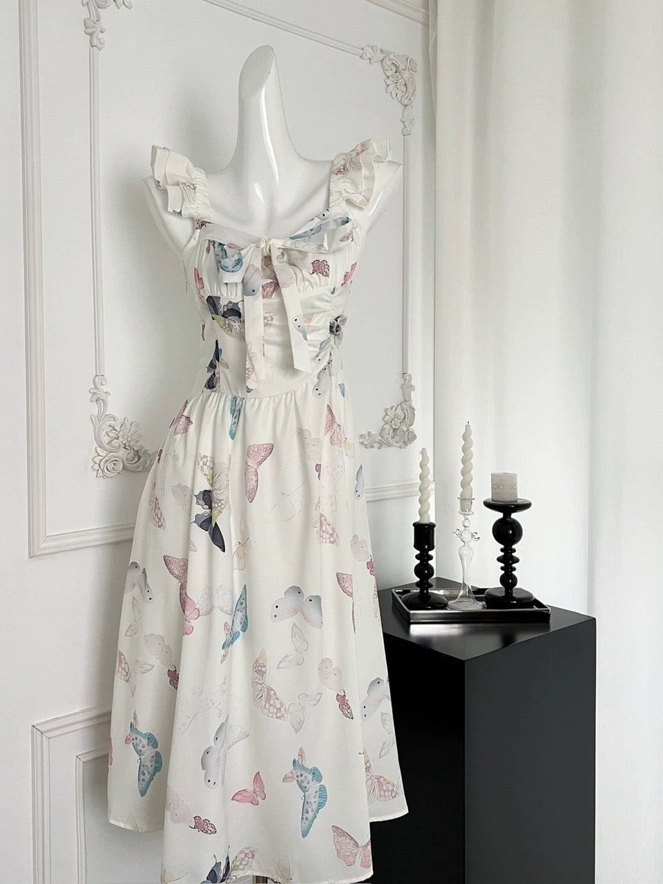 Youni Watercolor White Gardenia/French Temperament Suspender Long Skirt Women's Summer New Butterfly Print Waist Dress