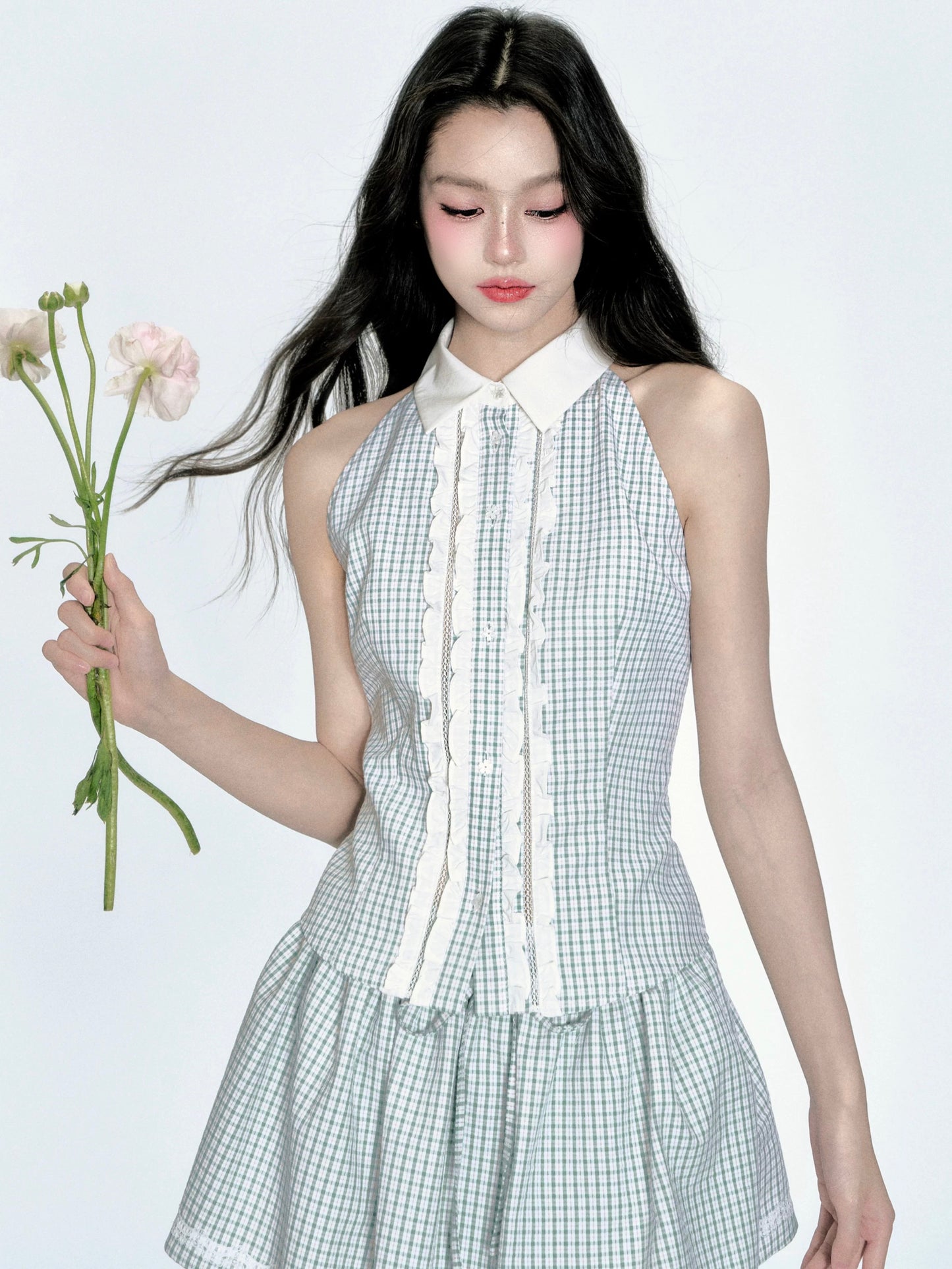 fragileheart fragile store · summer lime mint green plaid sweet sleeveless shirt puffy skirt suit