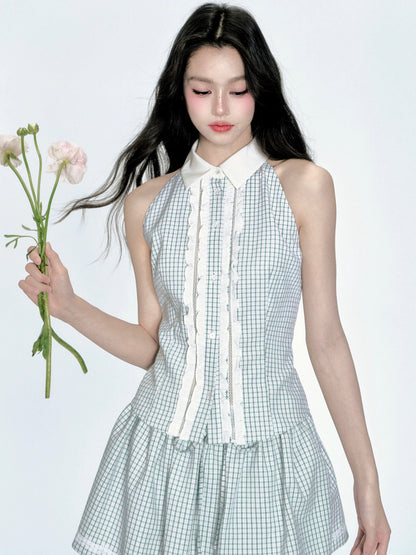fragileheart fragile store · summer lime mint green plaid sweet sleeveless shirt puffy skirt suit