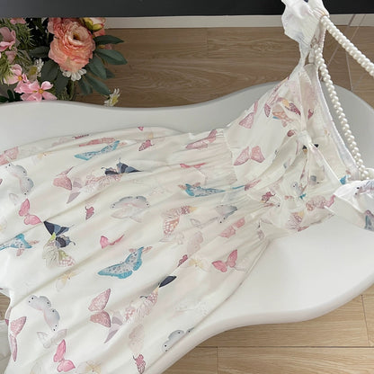 Youni Watercolor White Gardenia/French Temperament Suspender Long Skirt Women's Summer New Butterfly Print Waist Dress