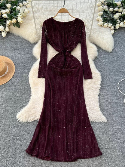 French goddess style sexy crossover V-neck long sleeve pleated waist dress 2025 autumn slim fit mature lady long dress