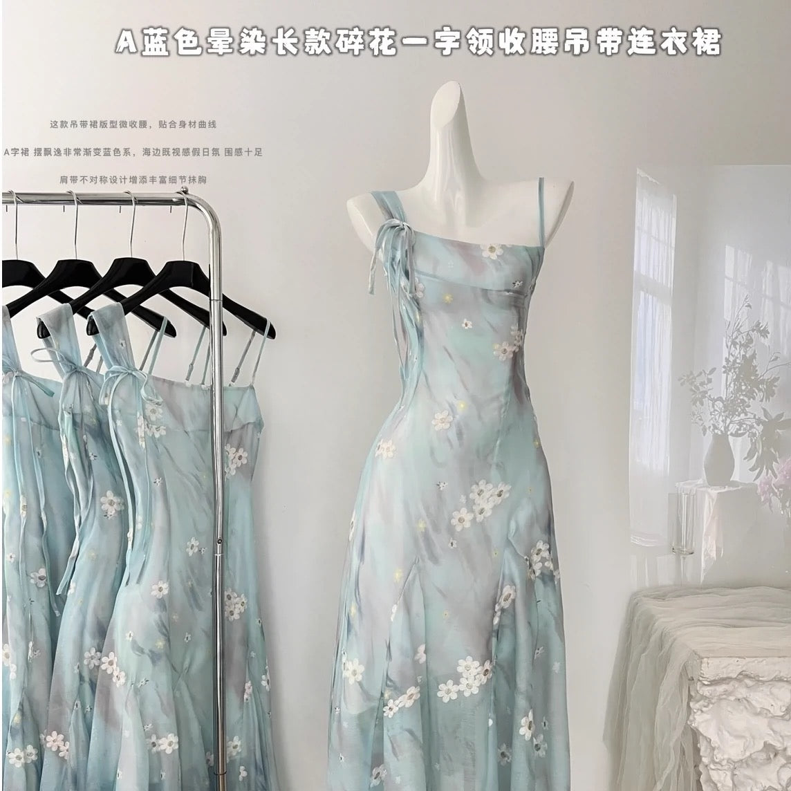 Youni blue smudged long floral one-line collar waist suspender dress for women summer French style skirt