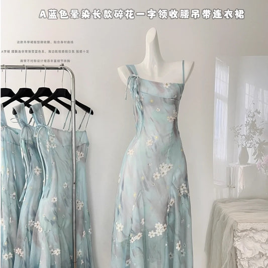 Youni blue smudged long floral one-line collar waist suspender dress for women summer French style skirt