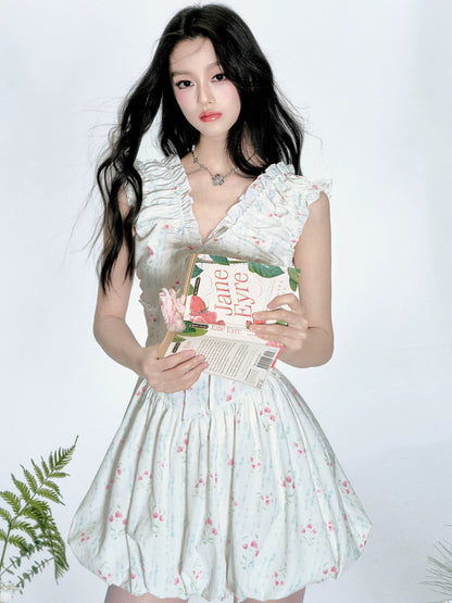 [4/23new popular new product] Fragile Store · Blue Platycodon V-neck waist floral bud skirt dress